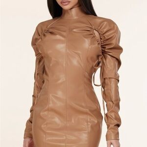 Brown Faux Leather Ruched Dress